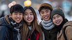 Friends, portrait and Asian people on winter break, happy outdoor with weather and travel for vacation. Community, bonding and love with teen students on holiday, smile and adventure together for fun