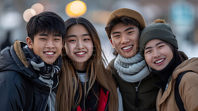 Friends, portrait and Asian people on winter break, happy outdoor with weather and travel for vacation. Community, bonding and love with teen students on holiday, smile and adventure together for fun