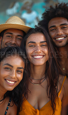 Smile, friends and portrait with travel, summer and sun for young group of people together with bonding. Vacation, adventure and happy students in Mexico for break, relax with support and trust