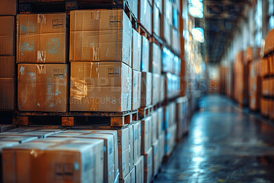 Warehouse, boxes and packaging for manufacturing or distribution, delivery for supplier. Logistics, employee and with parcel or product in storehouse, wholesale and factory for shipping or cargo