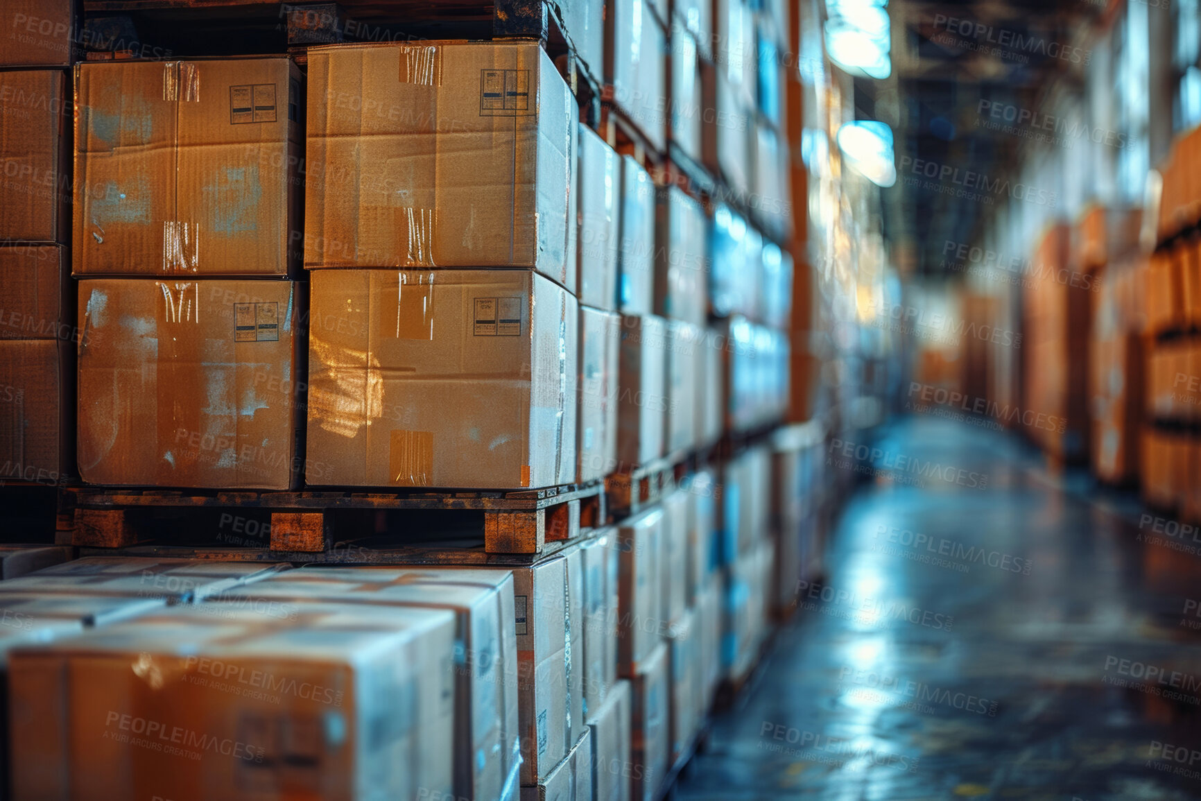 Buy stock photo Warehouse, boxes and packaging for manufacturing or distribution, delivery for supplier. Logistics, pallet and with parcel or product in storehouse, wholesale and factory for shipping or cargo