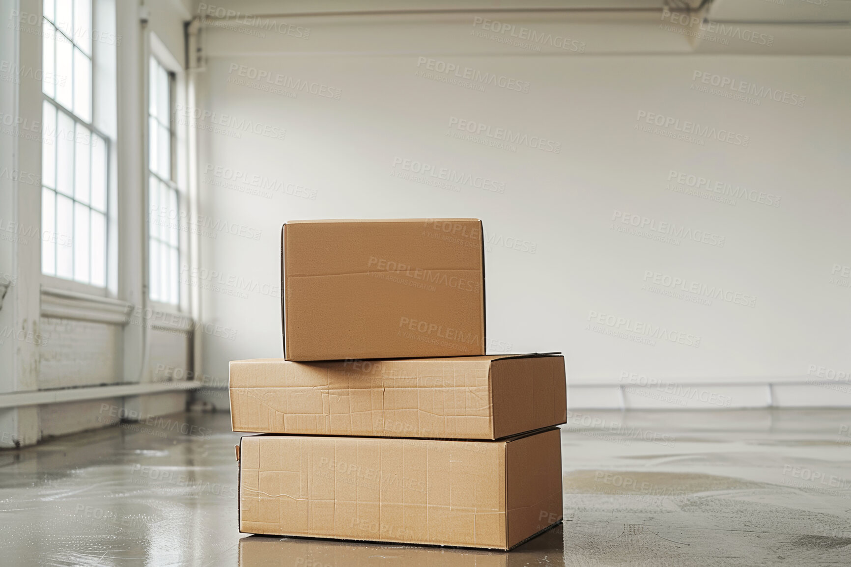 Buy stock photo Boxes, cardboard and room with in apartment for moving order, delivery and goods storage. Packaging, floor and stack in office building for logistics, package and courier services by distribution