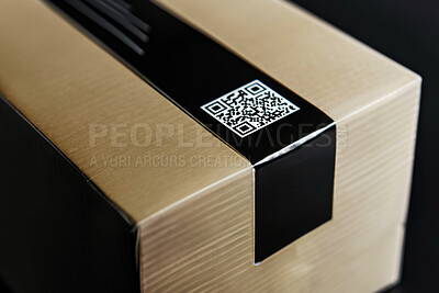 Box, cardboard and label with barcode for qr code payment, delivery and online shopping or product. Packaging, tape and scan for ecommerce, shipping and courier services by commercial distribution