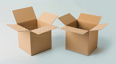 Boxes, open and cardboard with package, carton and recycle on white studio background. Empty, gift and arts with craft, parcel and mockup space with delivery, shipping and service for present