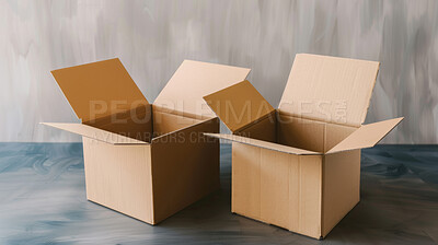 Boxes, open and cardboard with package, shipping and recycle on white studio background. Empty, present and arts with craft, parcel and mockup space with delivery, industry and service with stock