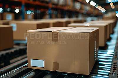Cardboard boxes, conveyor belt and package in warehouse for logistics distribution for freight delivery. Supplier, parcel and ecommerce order in storehouse, wholesale and factory for cargo industry.