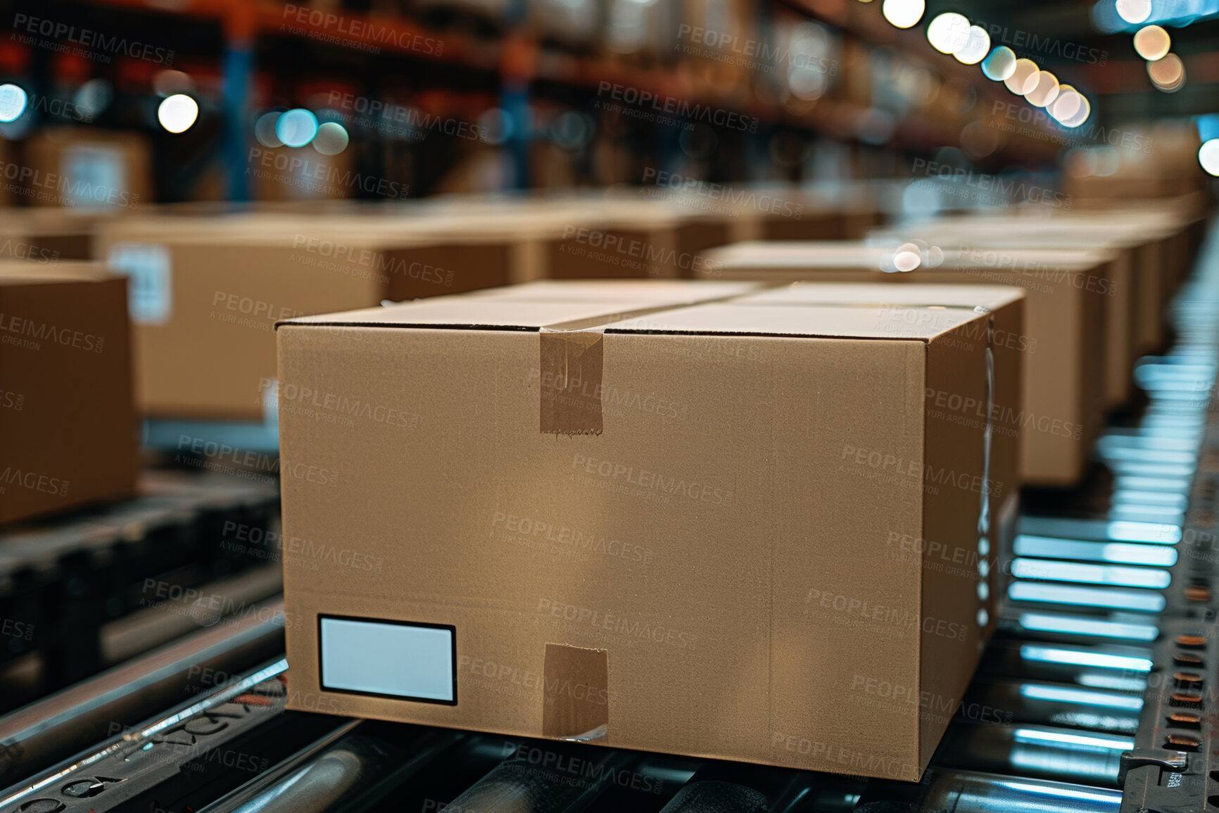 Buy stock photo Cardboard boxes, conveyor belt and package in warehouse for logistics distribution for freight delivery. Supplier, parcel and ecommerce order in storehouse, wholesale and factory for cargo industry.