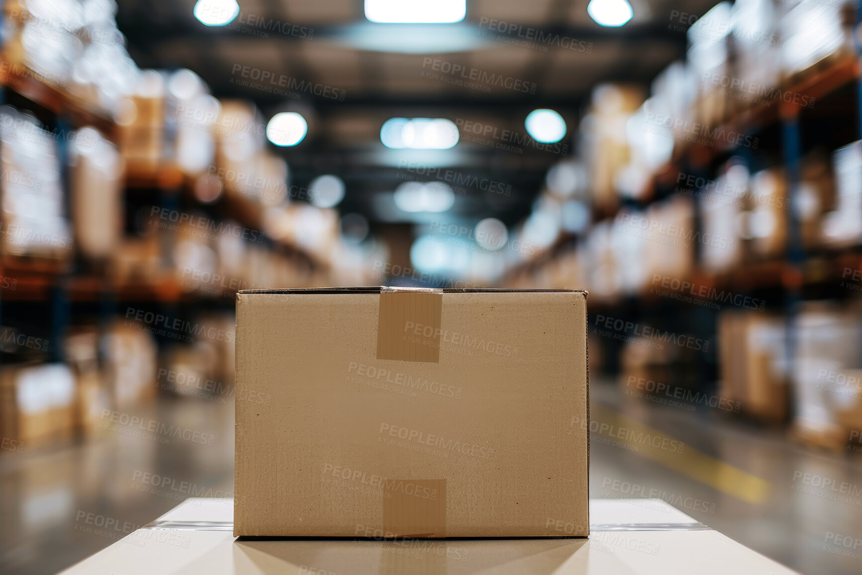 Buy stock photo Cardboard box, warehouse and package for logistics distribution for freight business delivery. Supplier, parcel and ecommerce product order in storehouse, wholesale and factory for cargo industry.
