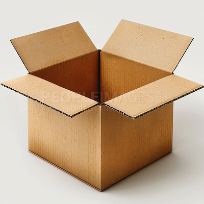 Buy stock photo Box, open and cardboard with parcel, carton and recycle on white studio background. Empty, gift and arts with craft, package and mockup space with delivery, shipping and service for present and stock