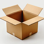 Box, open and cardboard with parcel, stock and logistics on white studio background. Gift, service or arts with craft, package and mockup space with delivery, shipping and empty with present or cargo