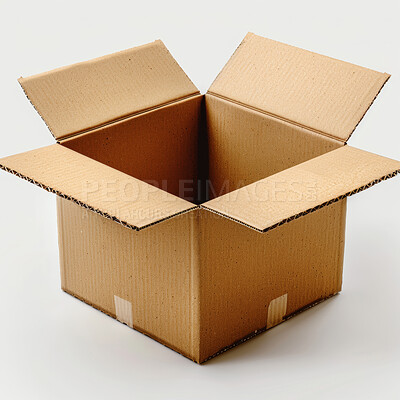 Buy stock photo Box, open and cardboard with parcel, stock and logistics on white studio background. Gift, service or arts with craft, package and mockup space with delivery, shipping and empty with present or cargo