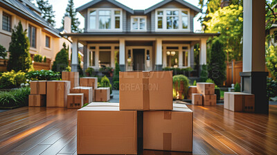 New home, boxes and moving logistics or property investment with real estate, relocation or immigration. House, outdoor and package for online shopping or ship delivery, supply chain or distribution