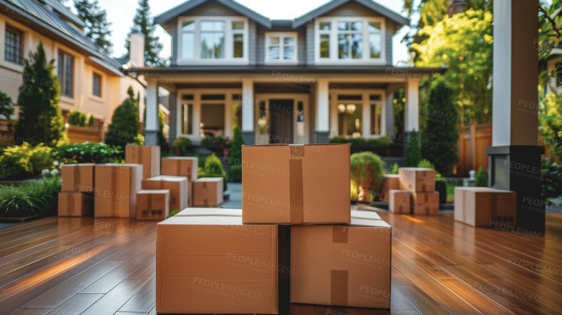 Buy stock photo New home, boxes and moving logistics or property investment with real estate, relocation or furniture. House, outdoor and package for online shopping or shipping delivery, supply or distribution