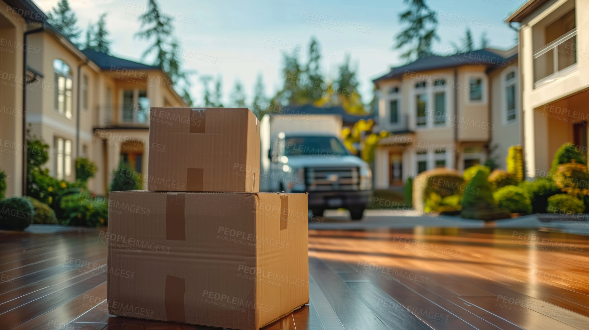 Buy stock photo Home, porch and parcel with delivery, ecommerce and purchase for online shopping and logistics. Box, house and distribution for commercial shipping, transport and freight service for cardboard cargo