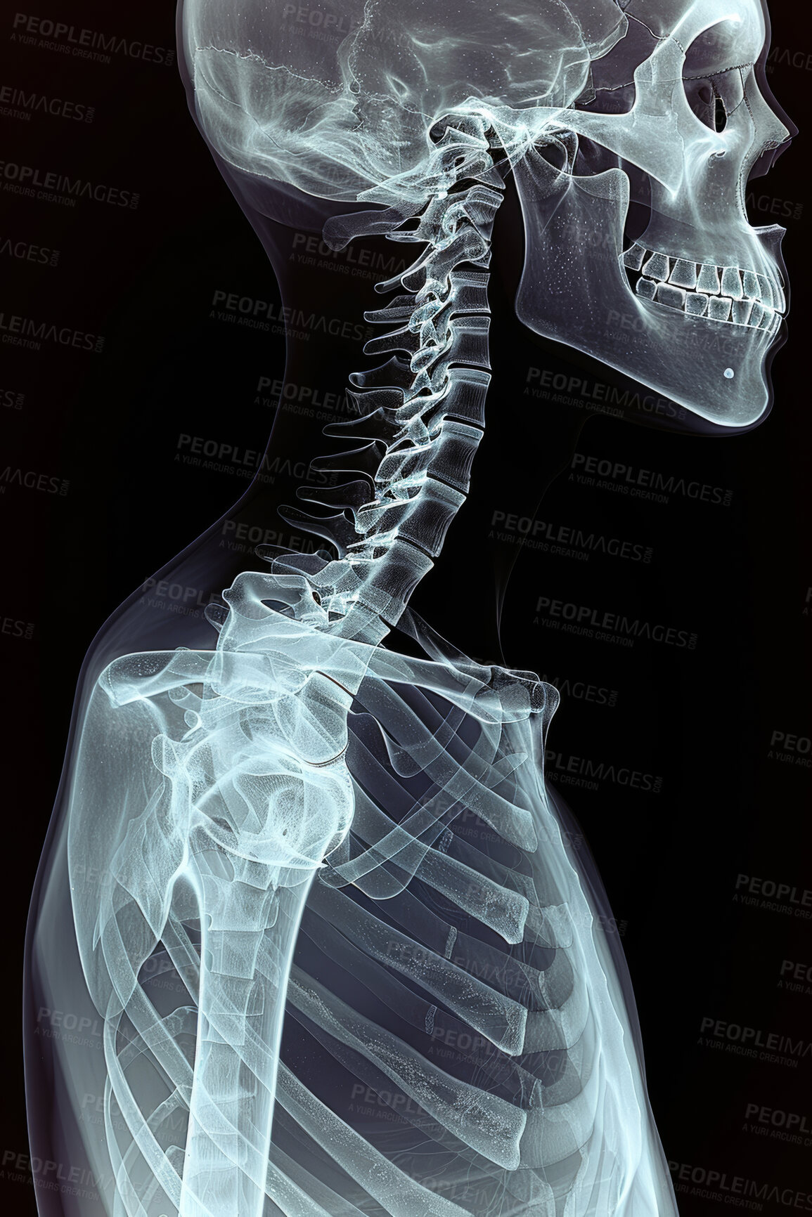 Buy stock photo X ray, anatomy and human body or skeleton on film, injury and mri results for radiology examination. Joints, electromagnetic radiation and bone image or internal structure, assessment for health

