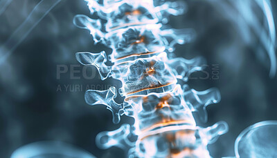 Healthcare, anatomy and 3d xray of spine with inflammation for osteoporosis, infection or scoliosis. Medical, radiology and neuroscience with scan of skeleton for disease, evaluation and examination