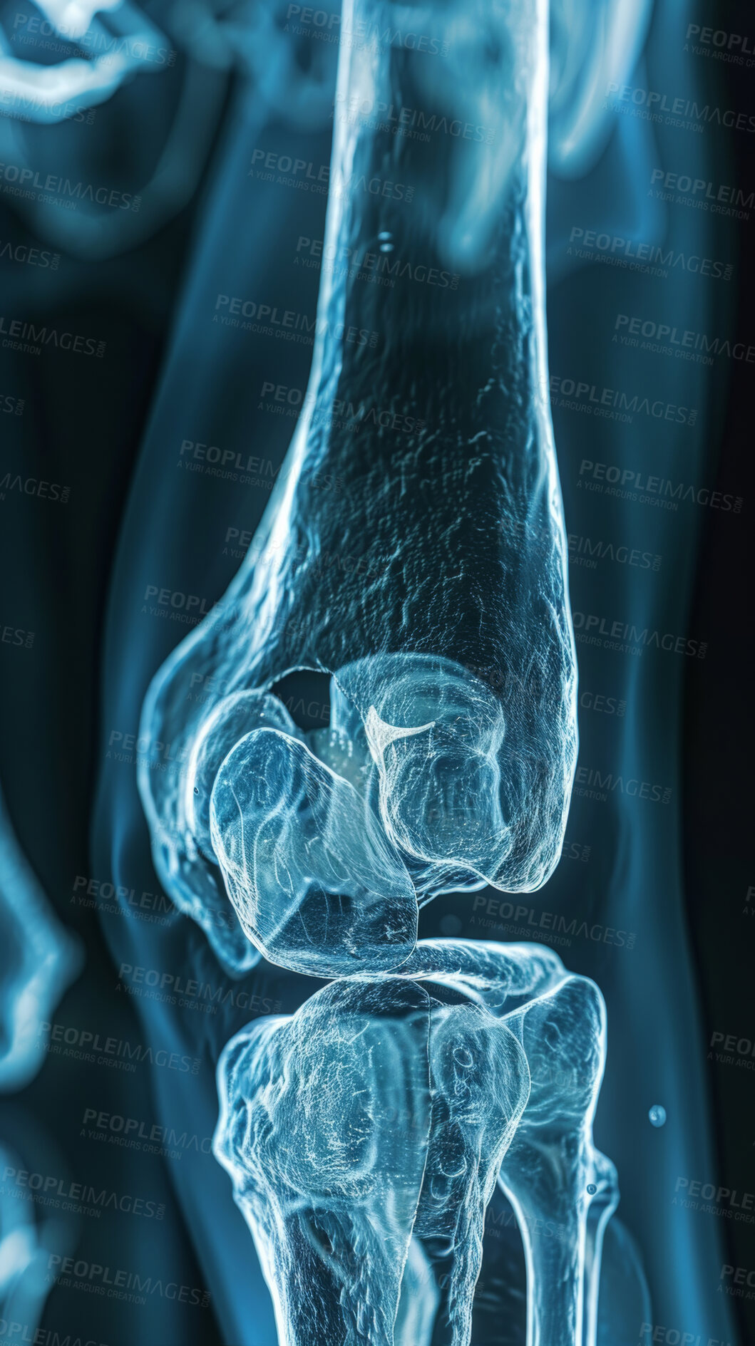 Buy stock photo X ray, anatomy and human knee on film, body injury and skeleton and vertebrae for radiology examination. Joints, electromagnetic radiation and bone image or internal structure, assessment for break