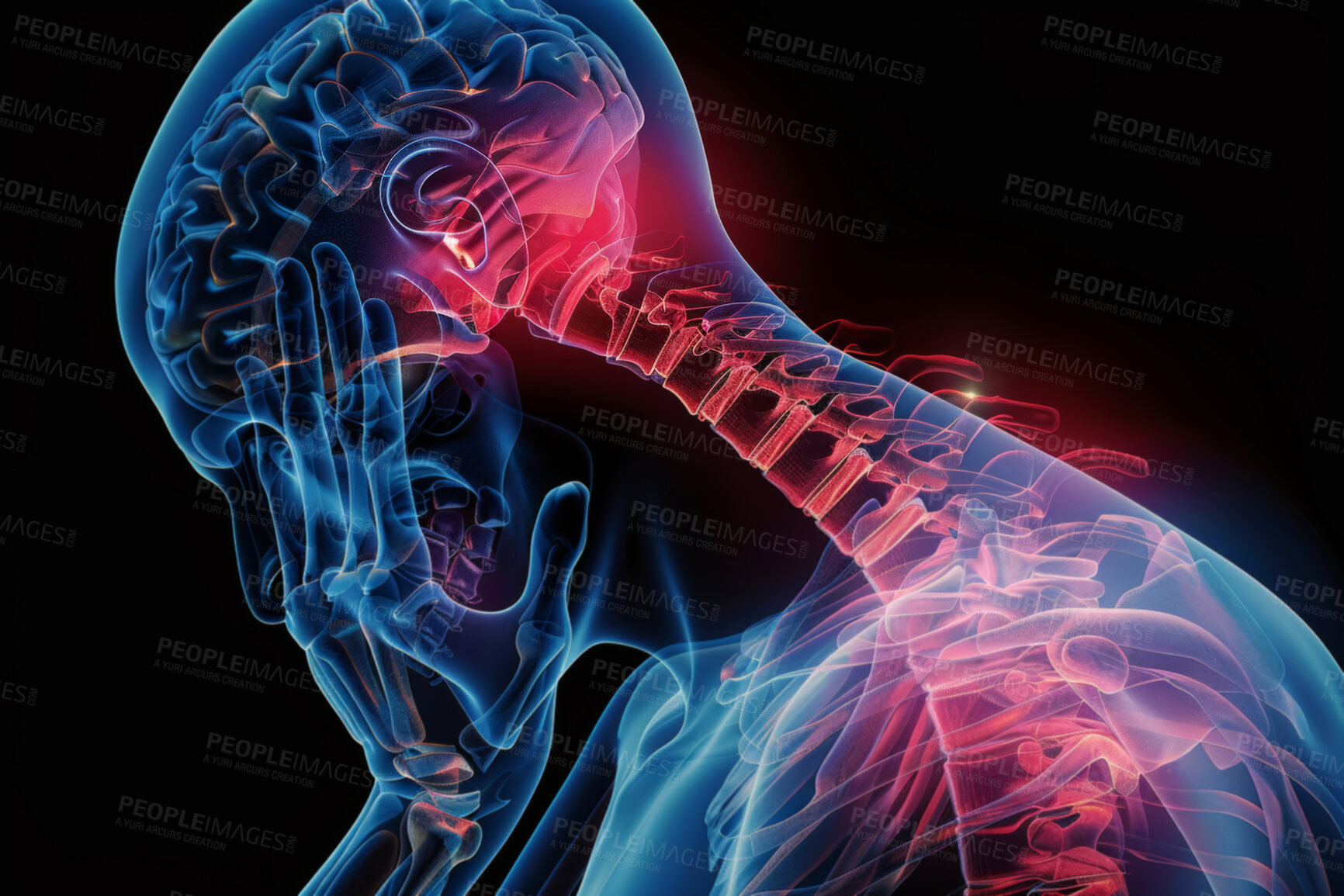 Buy stock photo Anatomy, glow and body x ray with future dentistry, AI and technology for healthcare with brain and spine light. Neurology, medical results and radiology with 3D skeleton or virtual reality surgery