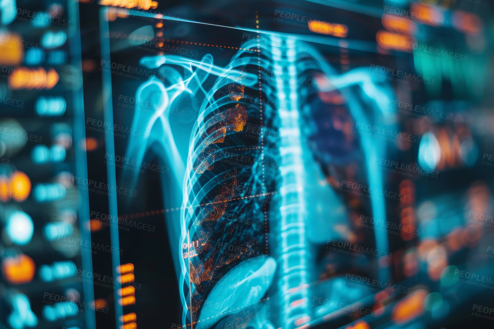 Buy stock photo Results, screen and x ray of lungs or chest for assessment or analysis for cancer, tuberculosis and asthma. Electromagnetic radiology or radiation for screening or medical images for organs or bones