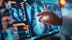 Person, hands and medical xray of lungs for asthma, cancer or tuberculosis research with anatomy hologram. Doctor, finger and healthcare with digital dashboard for medicine innovation and progress