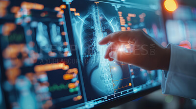 Person, hands and medical xray of lungs for asthma, cancer or tuberculosis research with anatomy hologram. Doctor, finger and healthcare with digital dashboard for medicine innovation and progress