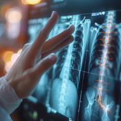 Person, hands and medical xray of lungs with fluid, tuberculosis or ...