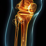 Skeleton, legs and x ray of knee on black background or injury ...