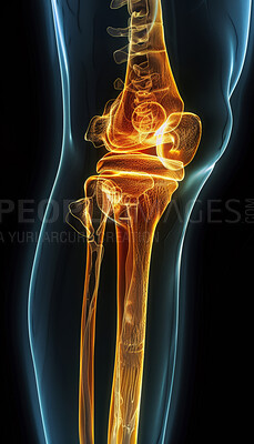 Skeleton, legs and x ray of knee on black background or injury assessment, bone diagnostic or osteoporosis. Radiography, medical imaging and electromagnetic scan with glow for inflammation or bruise.