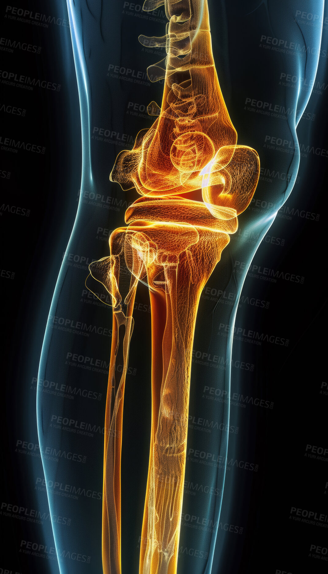 Buy stock photo Skeleton, legs and x ray of knee on black background or injury assessment, bone diagnostic or osteoporosis. Radiography, medical imaging and electromagnetic scan with glow for inflammation or bruise.