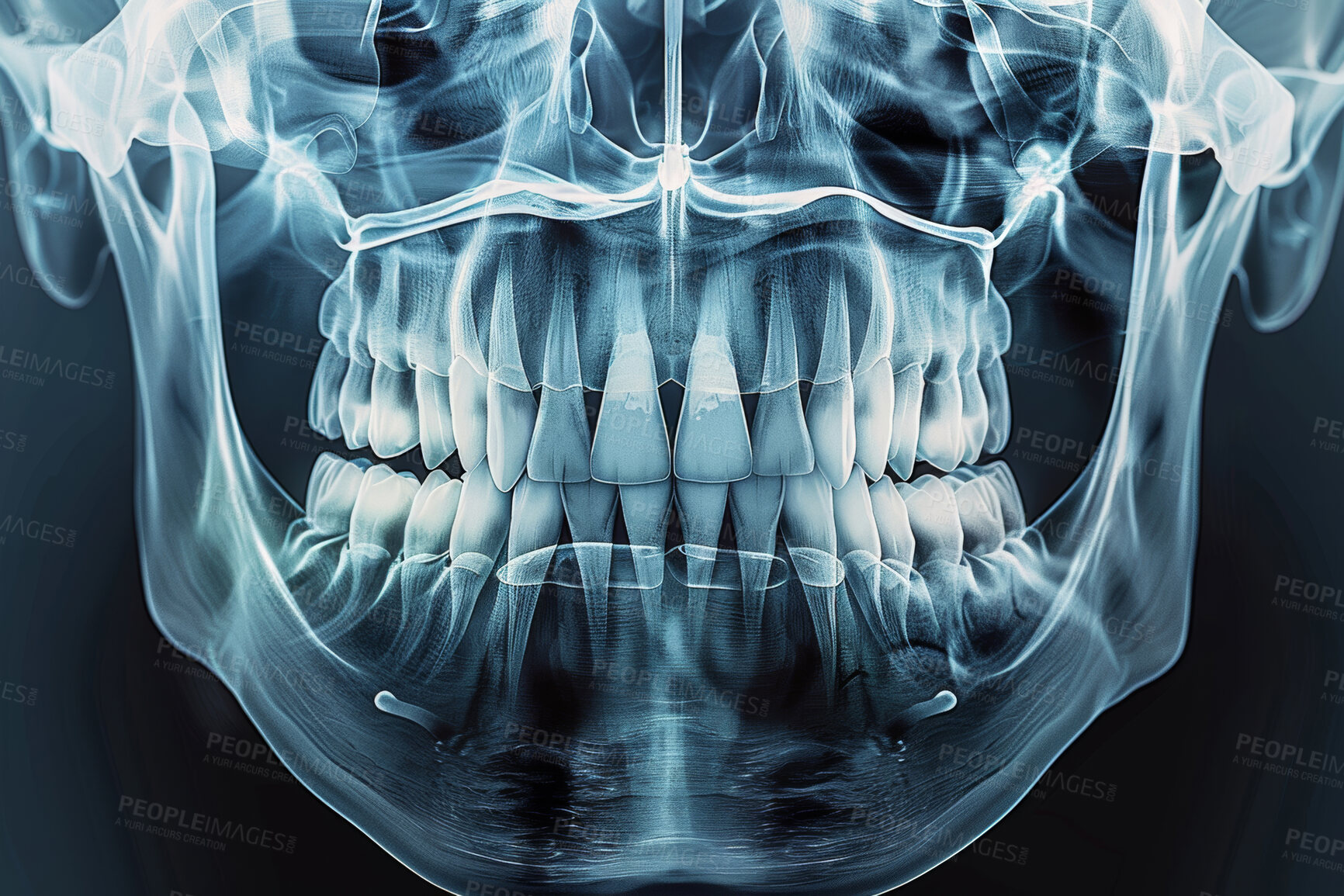 Buy stock photo Medical, scan and xray of teeth in mouth for healthy growth, evaluation or oral examination. Dental, radiology and skeleton in healthcare with bone for investigation, jaw surgery or assessment