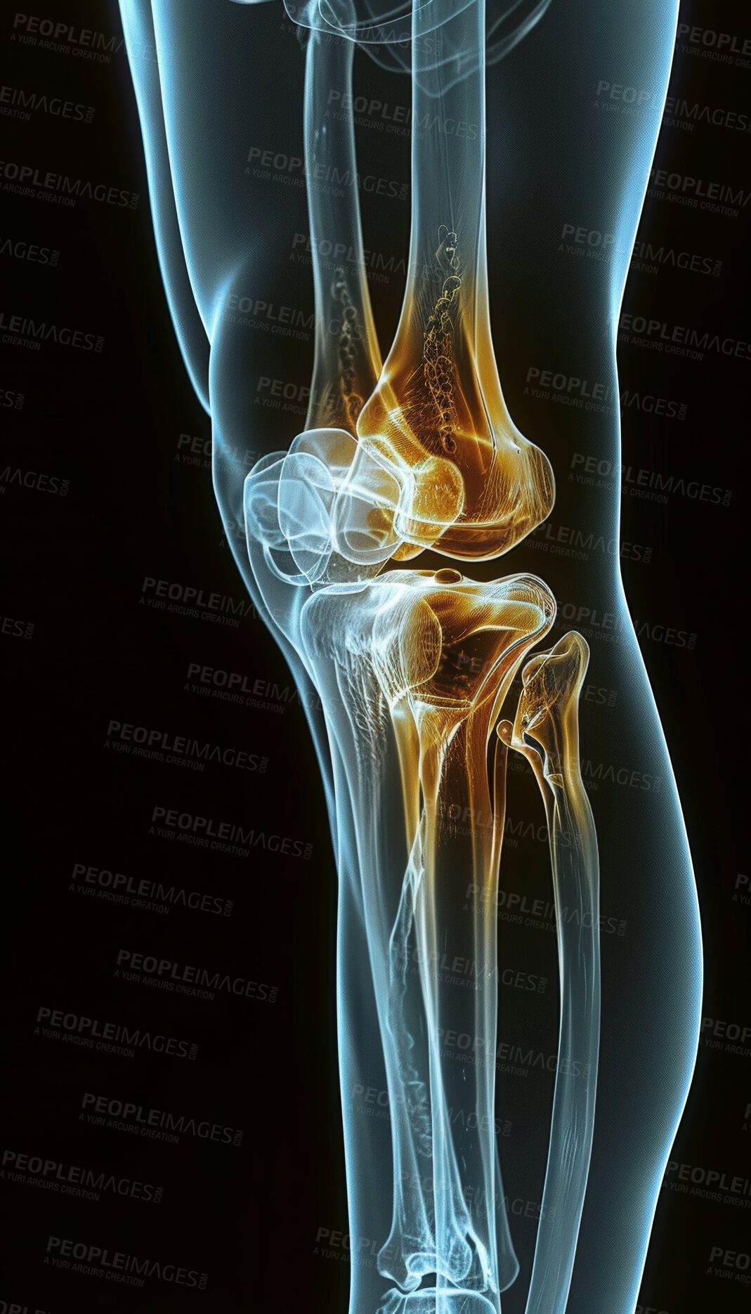 Buy stock photo Human leg, xray and knee on black background with glow of bone for exam and 3D anatomy in healthcare. Futuristic software or technology for medical research, learning and education of arthroplasty