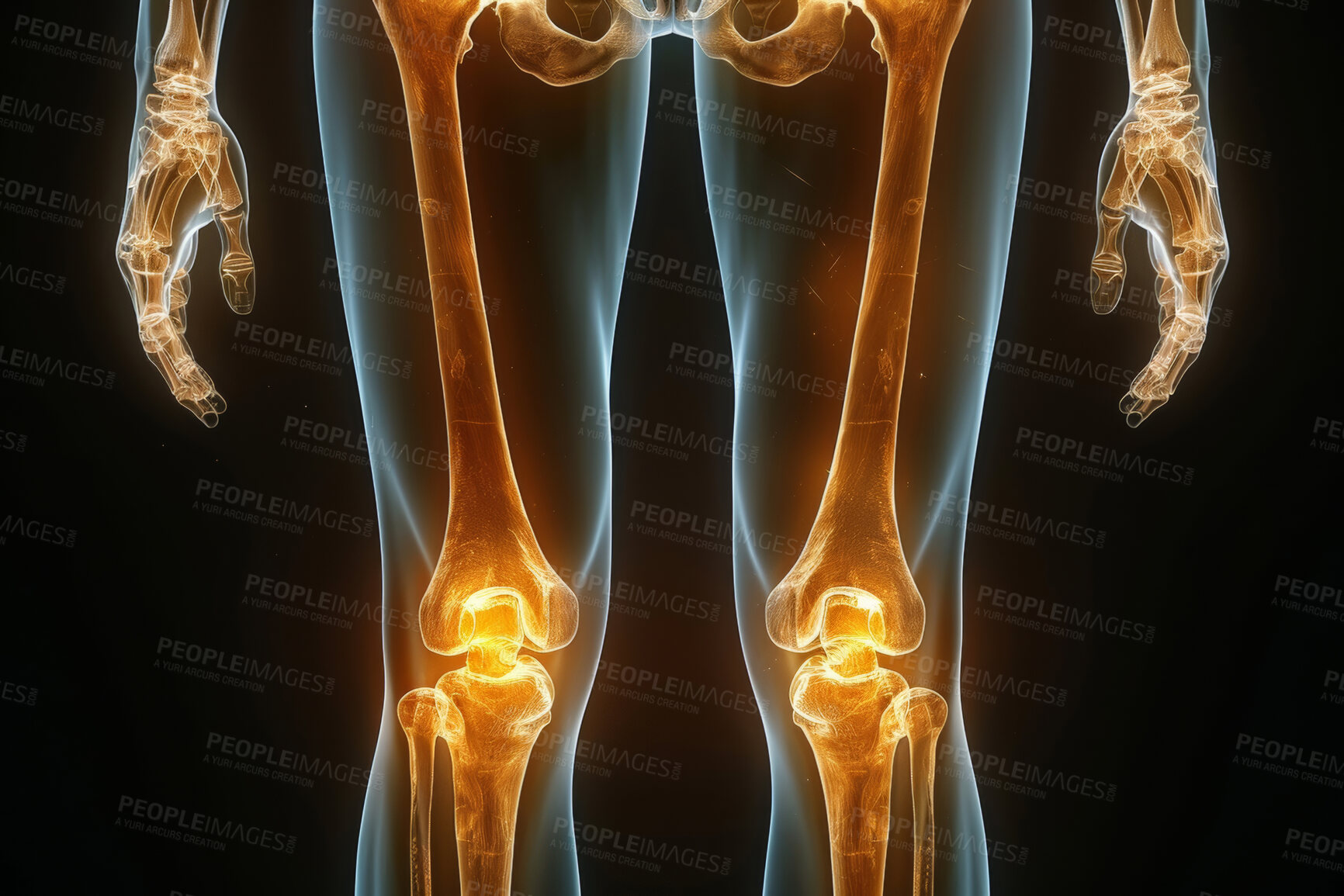 Buy stock photo Human legs, xray and bone on black background with glow of knee and exam or 3D anatomy in healthcare. Futuristic infographic of body for medical research, learning and education of arthroplasty