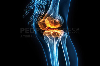 Human leg, x ray and knee on dark background with glow of bone for exam and 3D anatomy in healthcare. Futuristic infographic illustration for medical research, learning and education of arthroplasty