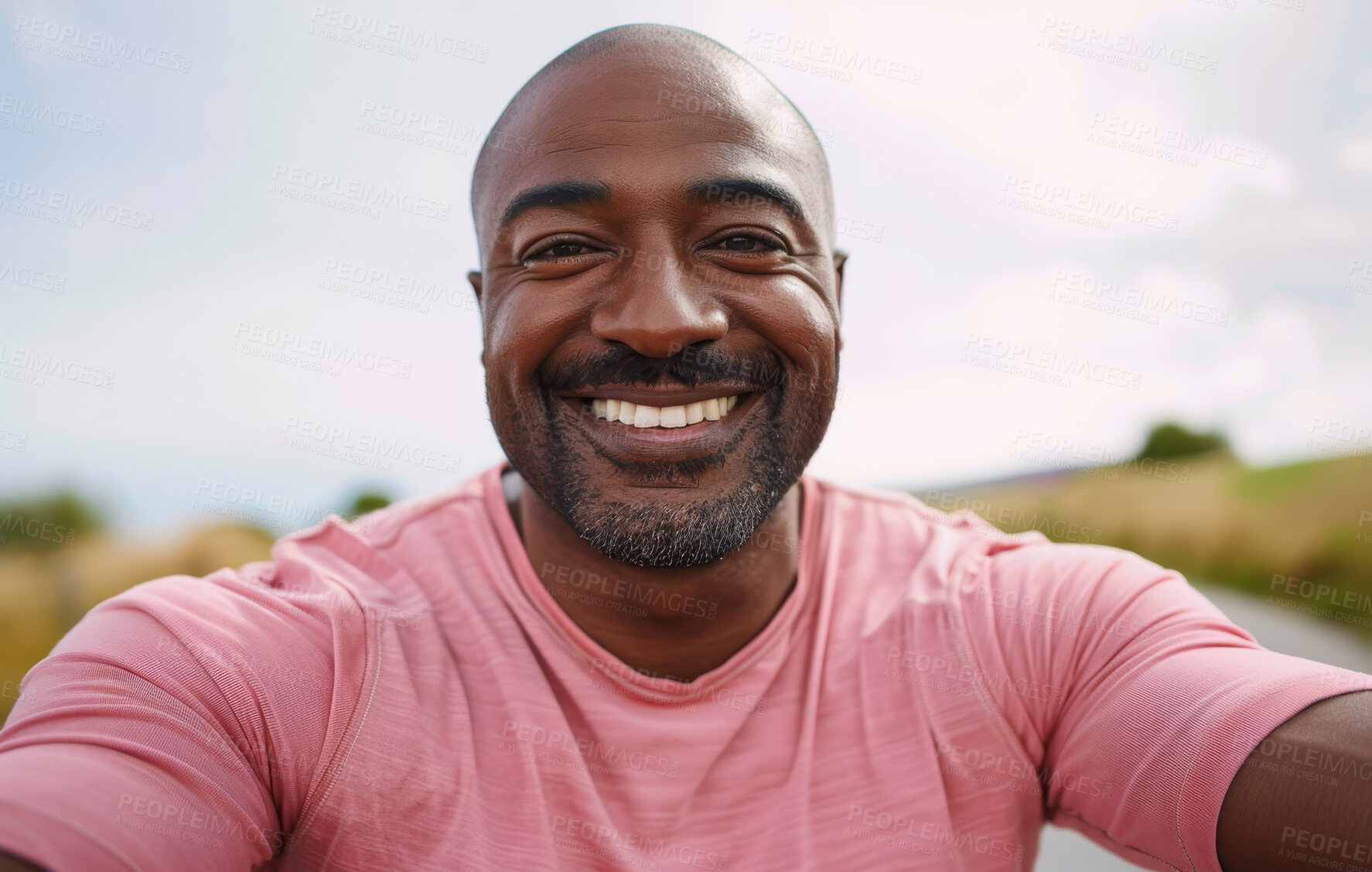 Buy stock photo Portrait, black man or smile for selfie outdoor for social media, profile picture or post update. Happy, male person or image for memory in holiday, weekend trip or adventure in countryside or nature