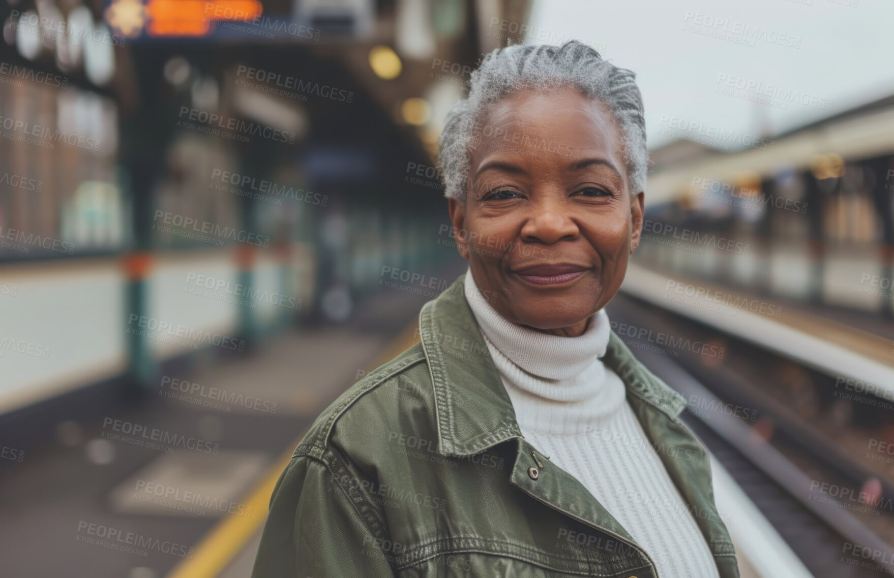 Buy stock photo Black woman, portrait and train station platform or travel commute in city, infrastructure or subway. Female person, mature and public transportation as tourist in United States, explore or adventure