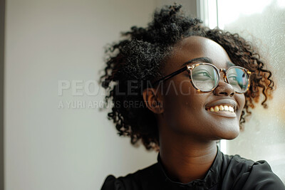Home, black woman and thinking with smile by window with nostalgic memory, daydreaming and remember. Female person, reflect and contemplating life with positive thoughts, mindset or attitude in house