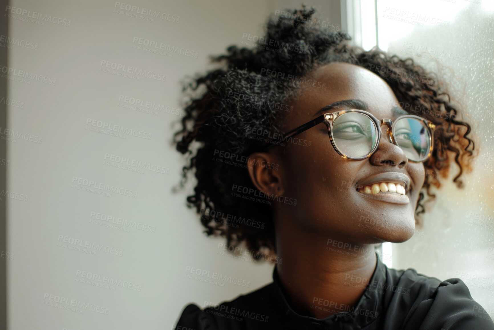 Buy stock photo Home, black woman and thinking with smile by window with nostalgic memory, daydreaming and remember. Female person, reflect and contemplating with positive thoughts, mindset or attitude in house