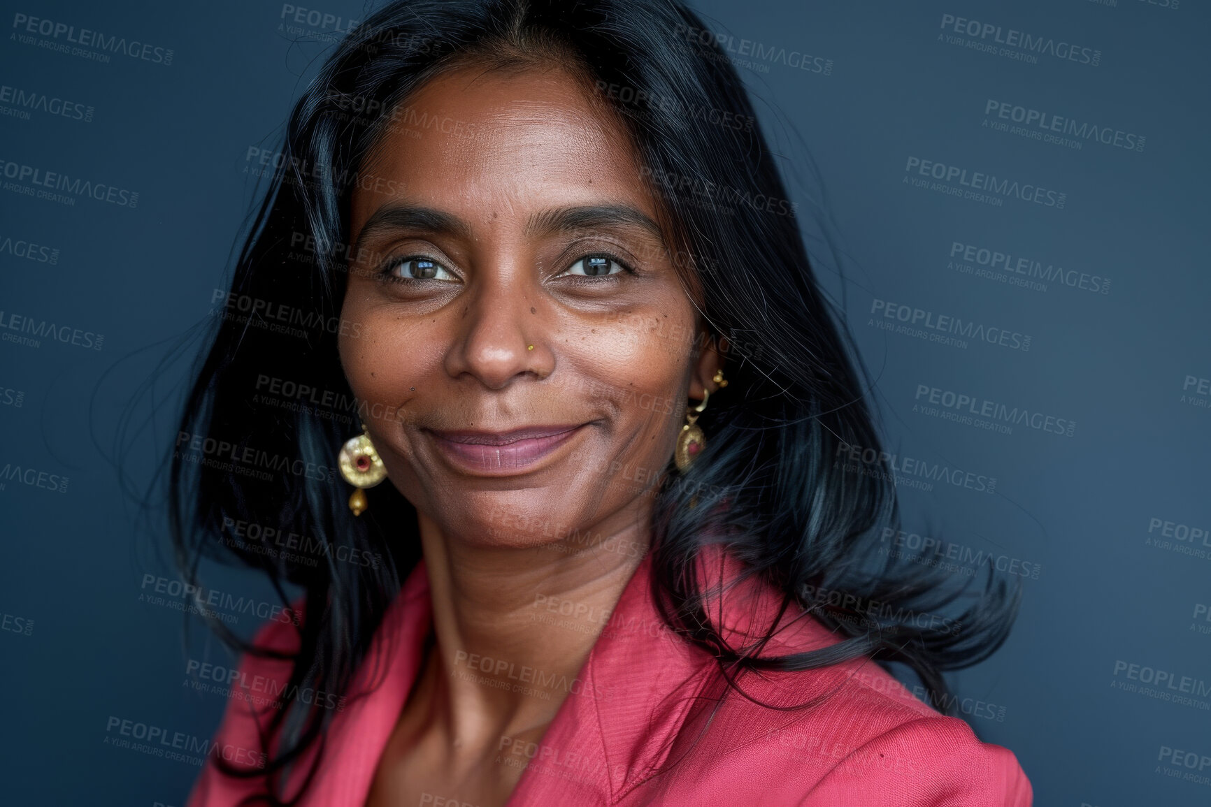 Buy stock photo Portrait, business and Indian woman with confidence, journalist and career ambition on grey studio background. Face, mature person and publisher with magazine editor, professional writer and proud