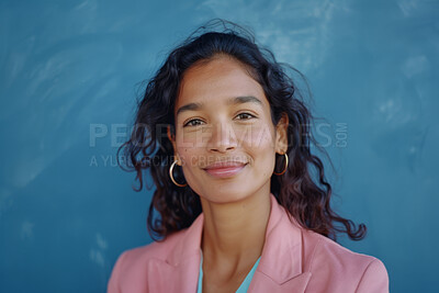 Woman, portrait and happy employee in studio, attorney and lawyer pride on blue background. Female person, entrepreneur and mockup space for professional, smile and career opportunity in Indonesia