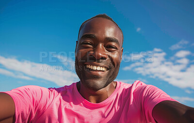 Portrait, selfie and sky with clouds for black man, happy and POV for smile. Photography, profile picture and social media for male person on holiday in nature, face and influencer and joyful travel