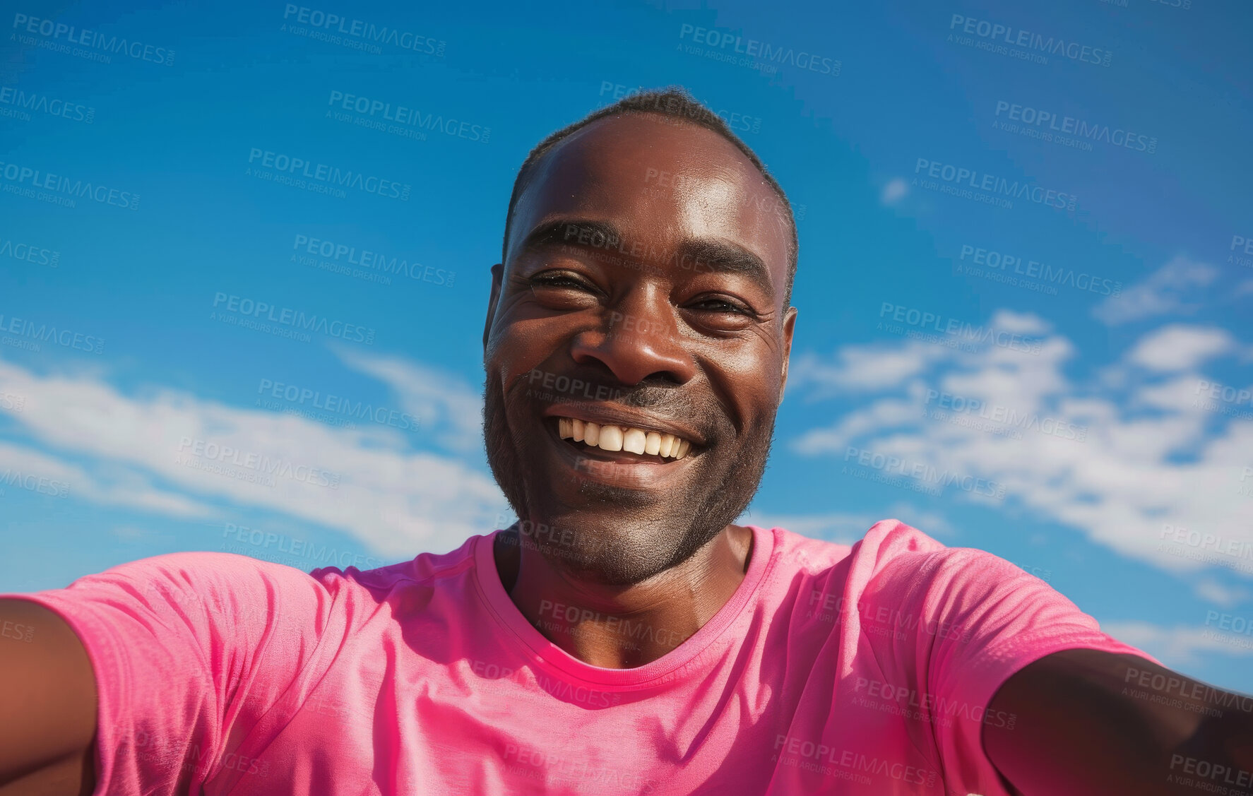 Buy stock photo Portrait, selfie and sky with clouds for black man, happy and POV for smile. Photography, profile picture and social media for male person on holiday in nature, face and influencer and joyful travel