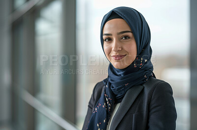 Muslim, portrait and business woman with hijab for confidence, smile and pride in law firm. Islamic, lawyer and female person from Egypt for professional, employee growth or positive mindset