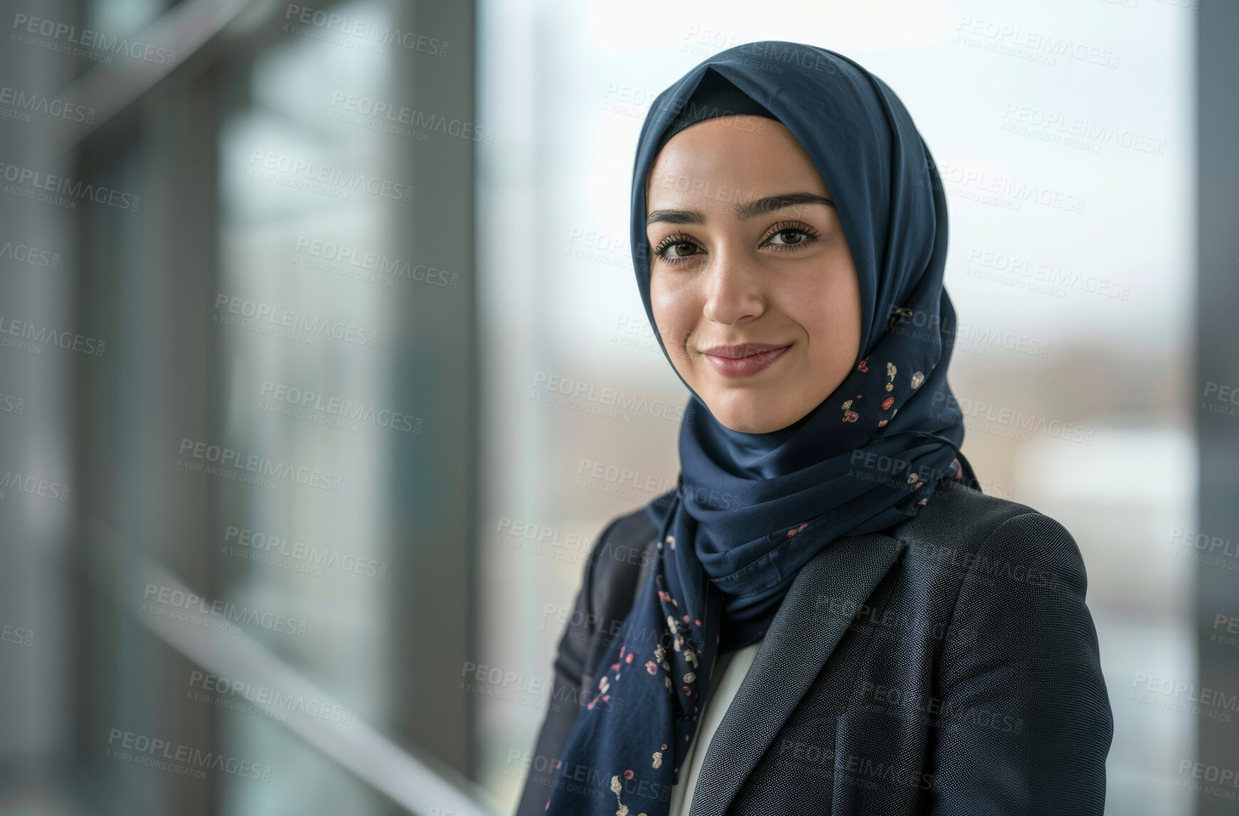 Buy stock photo Muslim, portrait and business woman with hijab for confidence, smile and pride in law firm. Islamic, lawyer and female person from Egypt for professional, employee growth or positive mindset