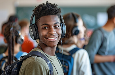 Student, headphones or portrait of black boy in campus, school or university with smile to study. Face, radio or lecture classroom for education or college learner listening to music or podcast audio