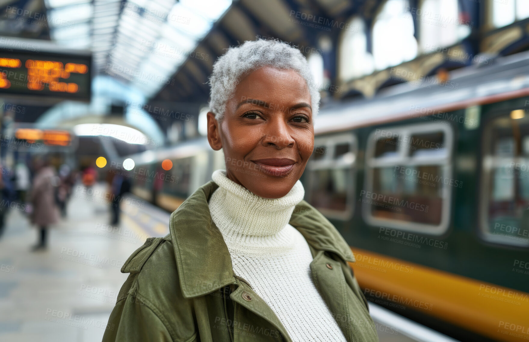 Buy stock photo Subway, travel and portrait of black woman with smile for public transportation, journey or vacation. Mature person, face and station with train for metro adventure, holiday trip or commute in London