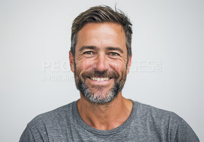 Buy stock photo Smile, portrait and mature man in studio with positive, good and confident attitude from Canada. Happy, pride and headshot face of handsome male creative designer isolated by white background.