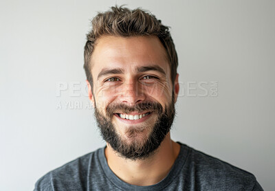 Buy stock photo Model, portrait and studio with smile, beard and confidence isolated on white background. Man, mockup and satisfaction with skincare, glow and natural treatment for cosmetic dermatology and hygiene