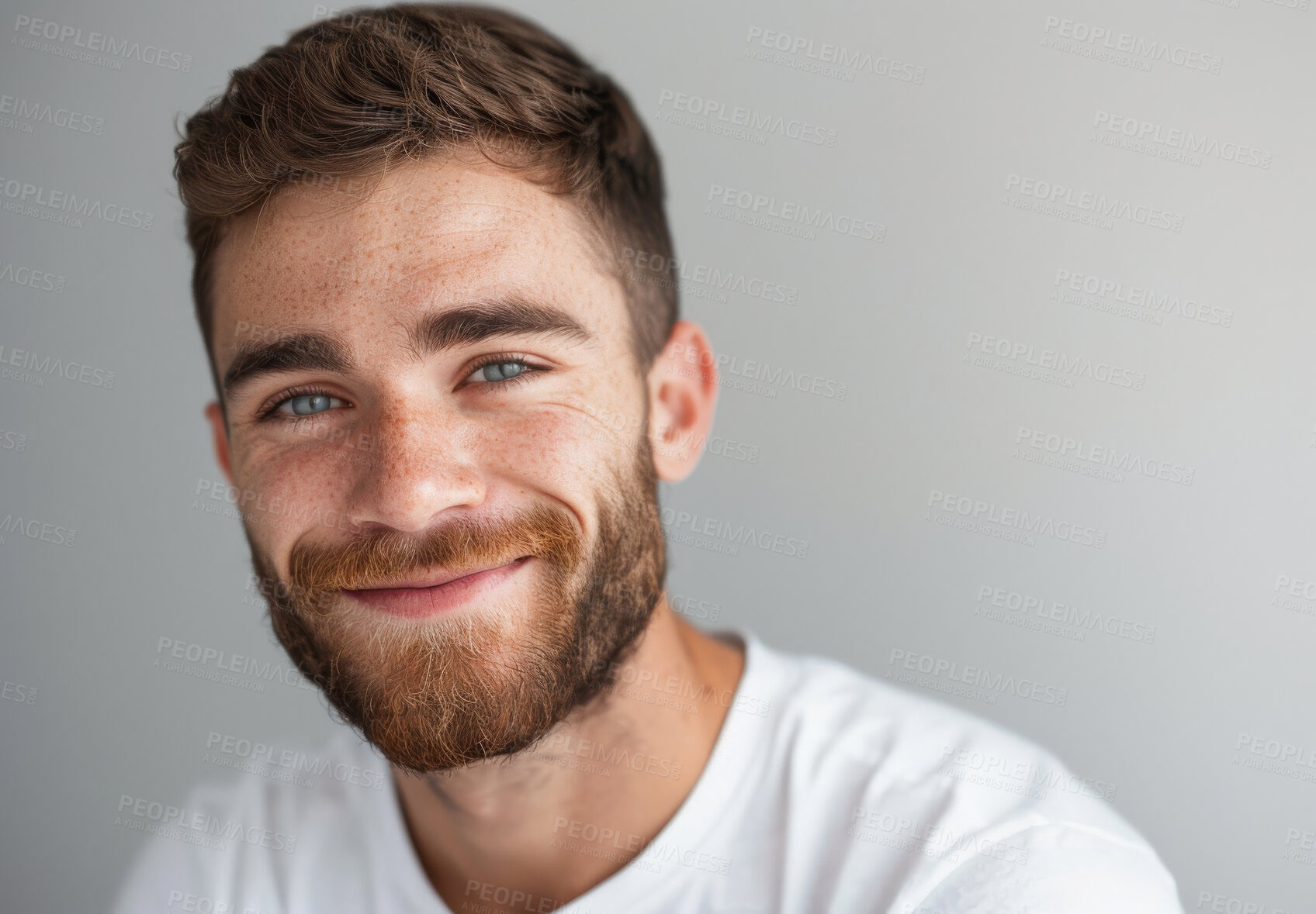 Buy stock photo Man, portrait and studio with smile, beard and confidence isolated on white background. Model, freckles and satisfaction with skincare, glow and grooming treatment for cosmetic dermatology or hygiene