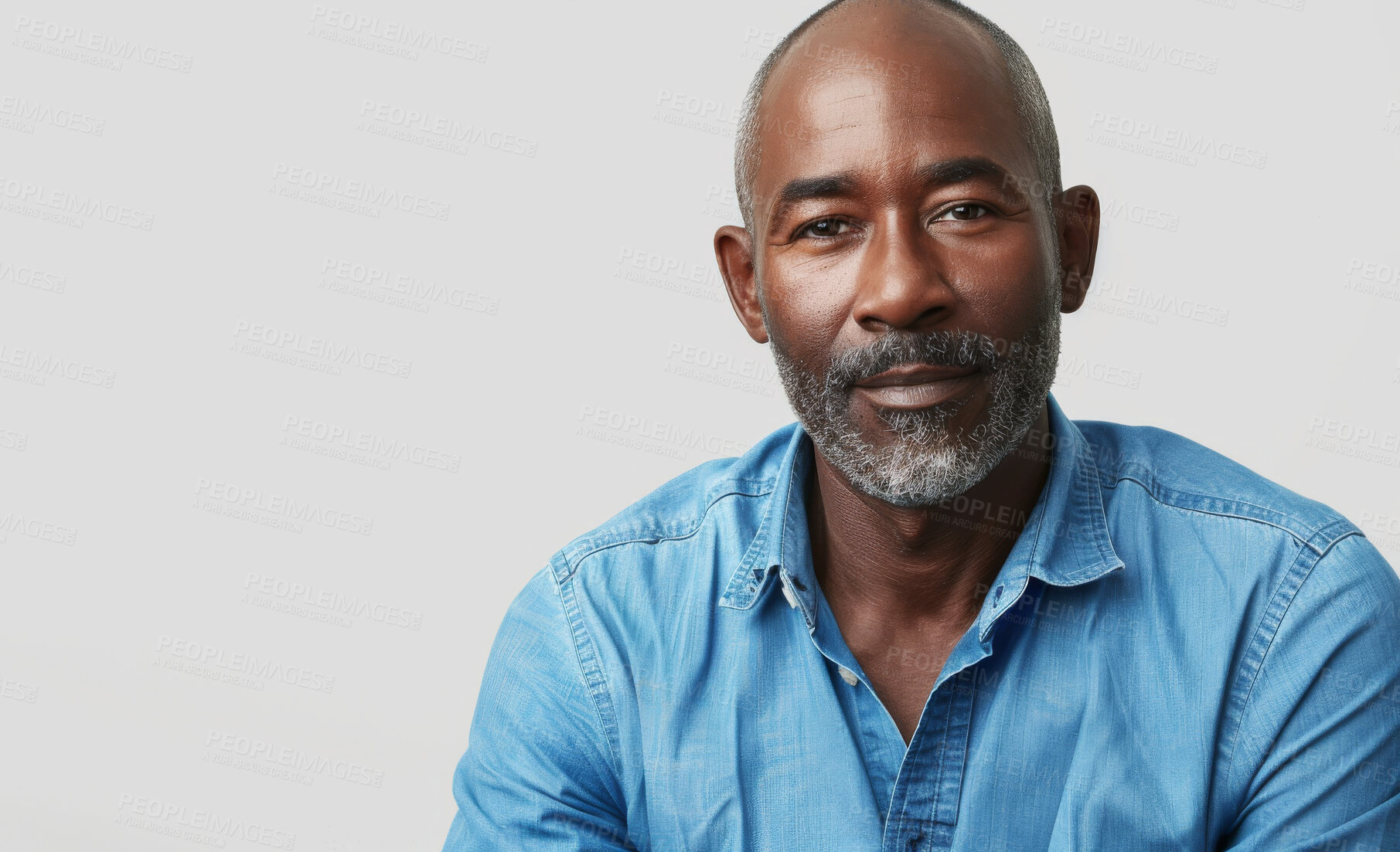 Buy stock photo Studio, space and portrait of black man with pride for therapy career, job and satisfaction. Mature person, therapist and face with confidence for mental health, support and help on white background