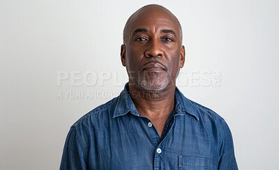 Studio, serious and portrait of black man with face for psychology job, career and service. Psychologist, mature person and pride with confidence for counselling, help and work on white background